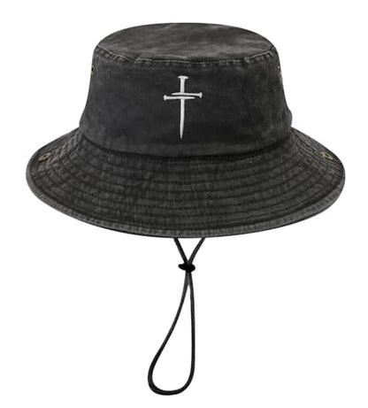 Sun Bucket Hat for Men Women Fishing Beach Safari Trendy Cotton Cowboy Cap for Golf Hiking Hunting Outdoor Boonie - color: Cross Black