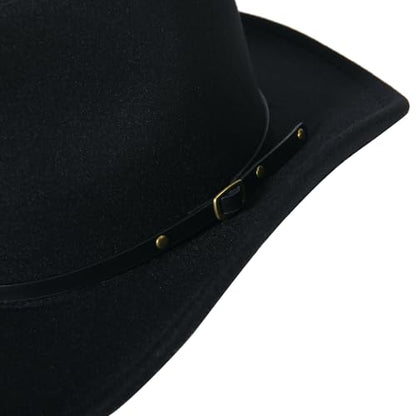 Classic Western Cowboy Hat Cowgirl Hat Unisex Men's & Women's Wide Brim Felt Fedora Hat Flat Top with Buckle Belt - color: Black 2#, size: 7-7 1/4