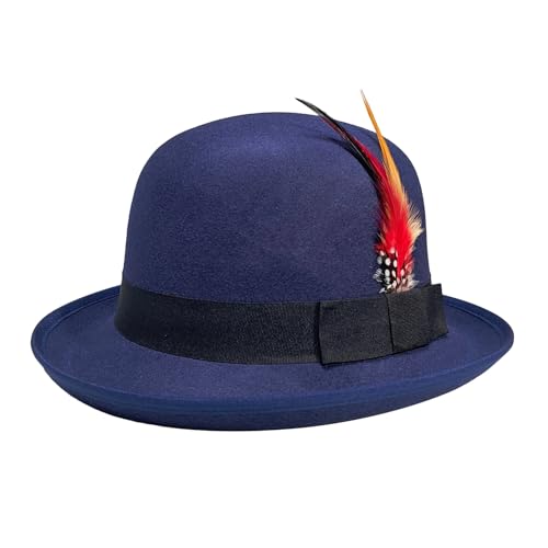 Classic Fedora Hat with Feather, Dome Hard Bowler Cap - color: Navy Blue