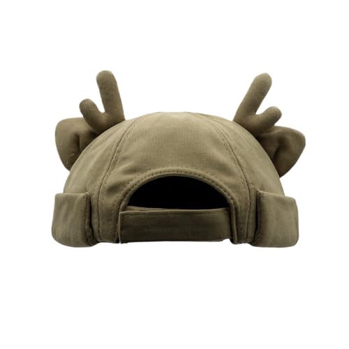 Beanie Hats for Women Men Brimless Skullcap Docker Cap with Reindeer Antlers Rolled Cuff Retro Adjustable Sailor Cap - color: Khaki