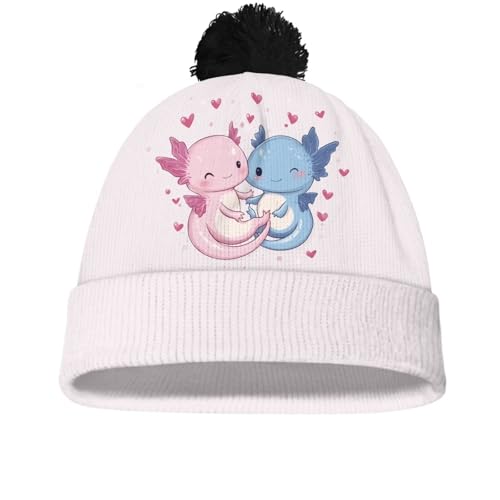 Girls Boys Winter Warm Knit Beanie Pompom Elasticity Slouchy Hat Skull Caps for Childrens - color: Love Axolotl