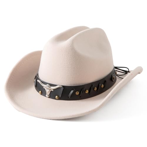 Lanzom Cowboy Hat for Women and Men with Shapeable Wide Brim Felt Western Hats for Cowboys and Cowgirls - color: Beige