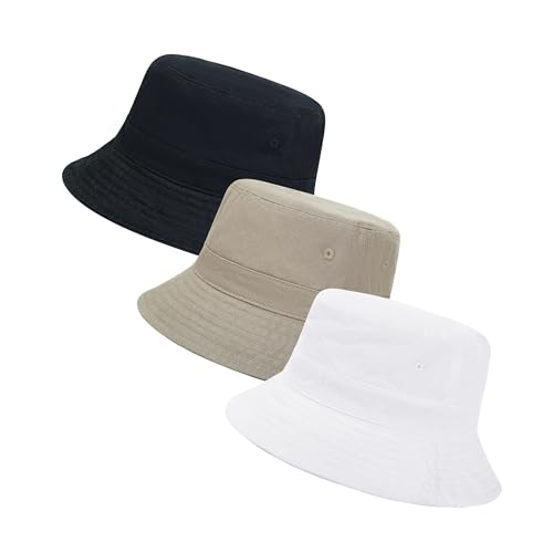 Cotton Bucket Hat Packable Beach Sun Hat for Women Men - color: Black+white+khaki