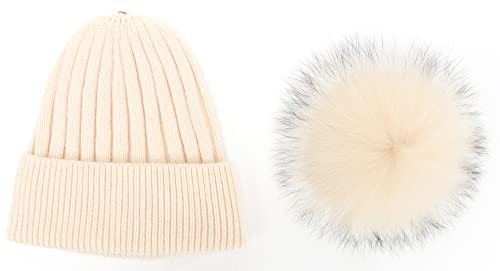 Women's Winter Ribbed Cuffed Beanie Skull Cap with Genuine Raccoon Fur Pom - color: Rc Beige