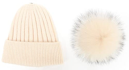 Women's Winter Ribbed Cuffed Beanie Skull Cap with Genuine Raccoon Fur Pom - color: Rc Beige