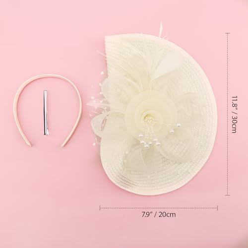 DRESHOW Fascinators Hat Flower Mesh Feathers Hat with a Headband and a Clip 7.9" Tea Party Headwear for Women - color: Folded Style 2: Beige / 7.9"