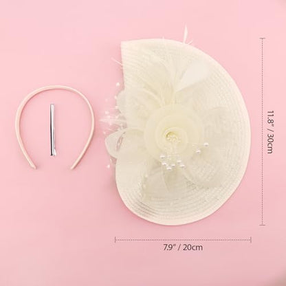 DRESHOW Fascinators Hat Flower Mesh Feathers Hat with a Headband and a Clip 7.9" Tea Party Headwear for Women - color: Folded Style 2: Beige / 7.9"