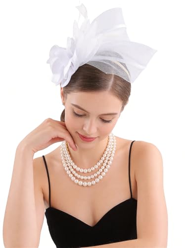 Fascinators Hat for Girls and Women Tea Party Flower Mesh Feather Kentucky Headwear with Headband and Clip - color: White