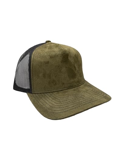 Ashen Fane Faux Suede Polyester Blend 5 Panel Classic Flat or Round Visor Adjustable Snapback Mesh Back Trucker Hat - color: Round - Olive Green