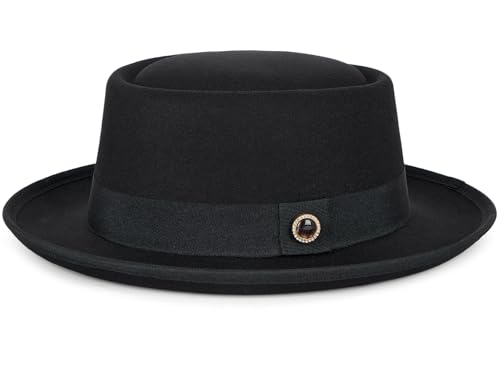 Fedora Hats for Men & Women Pork Pie Hat Flat Top Felt Hats Panama Wide Brim Dress Hat - color: Black, size: Medium