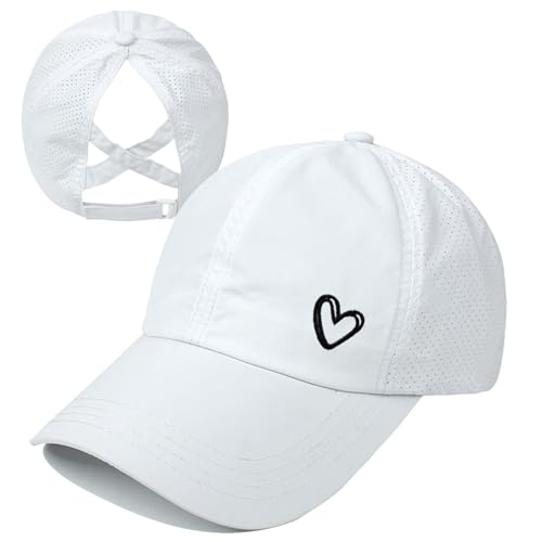 Womens Criss Cross Ponytail Hat Quick Drying Baseball Cap Sun Hats UV Protection Sport Cap - color: White With Heart