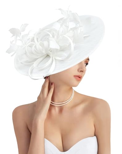 dressfan Fascinator Hats for Women,Linen Vintage Feather Headwear for Derby/Church/Wedding/Cocktail/Tea Party - color: White