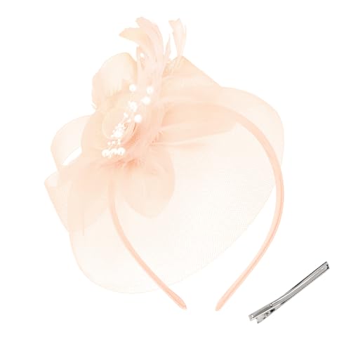 Womens Fascinators Mesh Hats Tea Party Hats for Women Feather Veil Headband - color: Pink Nude
