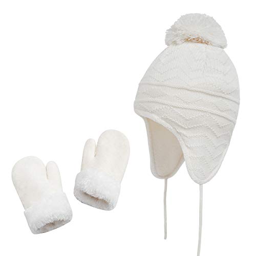 jerague Hats and Gloves Set for Kids Toddler Baby Girls Boys Warm Earflap Beanie Fleece Hats Mittens - color: White, size: 3-6 Years