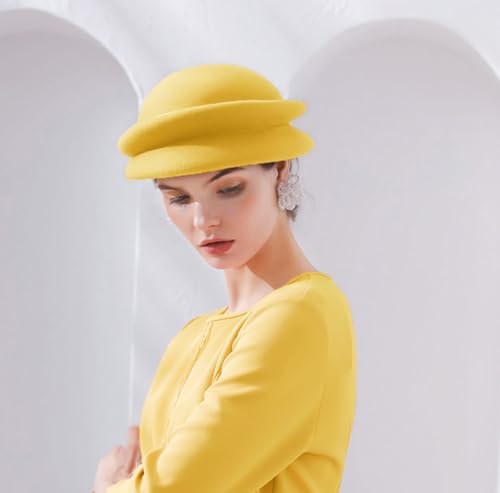 Women's Vintage 100% Wool Felt Cloche Bucket Bowler Hat Winter Vintage Bow Fedoras Church Derby Fascinator Hat - color: B9 Yellow
