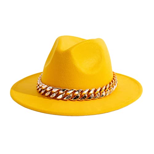 Men & Women Wide Brim Fedora Hat with Chain Buckle - color: Chain Belt-yellow