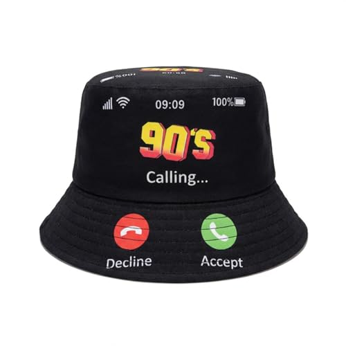 Bucket Hat for Women Men Reversible Print Sun Cap Beach Hats, Hot Summer Outdoor Travel Packable Fisherman Cap - color: 90s Call Black