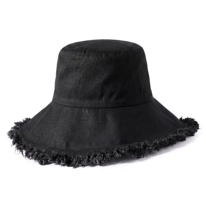 CHOK.LIDS Frayed Bucket Hat Washed Cotton Floppy Wide Brim Boonie Cap - color: Black