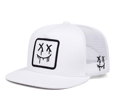 Trucker Hat for Men Women-Mesh Back Breathable Adjustable Snapback Cap-UV Protection Sun Hat for Summer Outdoor Activities - color: Bleeding Smiley White