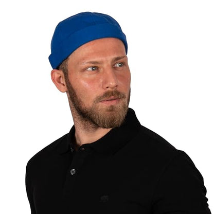 Cotton Docker Cap, Unisex Brimless Cap, Men Skull Cap, Brimless Beanie Hat, Men Women Cuffed Hat. - color: Blue