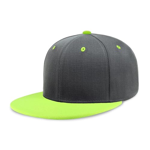 CHOK.LIDS Classic Snapback Flat Bill Hat Blank Adjustable Baseball Cap - color: Charcoal/Neon Green