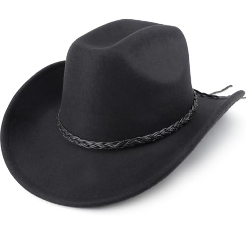 DRESHOW Western Cowboy Hat for Men Women Cowboy Cowgirl Hat Outdoor Wide Brim Retro Felt Fedora Hats Unisex Rolled up Caps - color: 1 Pack Style 8: Black