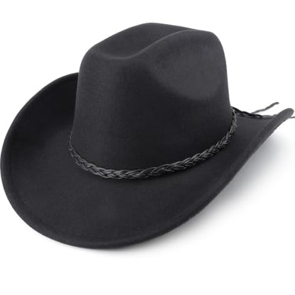 DRESHOW Western Cowboy Hat for Men Women Cowboy Cowgirl Hat Outdoor Wide Brim Retro Felt Fedora Hats Unisex Rolled up Caps - color: 1 Pack Style 8: Black