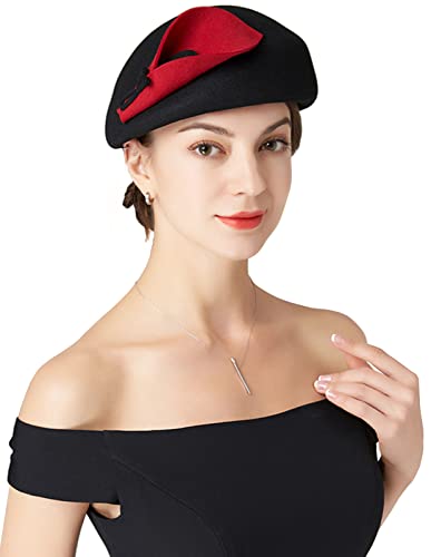 Women's Vintage 100% Wool Felt Cloche Bucket Bowler Hat Winter Vintage Bow Fedoras Church Derby Fascinator Hat - color: C1-black,red