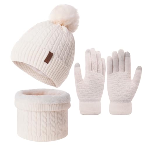 3Pcs Winter Women Beanie Hat Scarf and Touch Screen Gloves Sets Girls Classic Knit Warm Chunky Fleece Lined Cable Cap - color: White