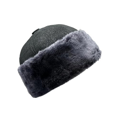 Lukkizara Winter Leather Hat Shearling Sheepskin Fur Beanie Hat - color: Black/Grey, size: XX-Large
