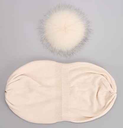Women's Double Layer Winter Slouchy Knit Beanie Hat with Real Fur Pom Pom - color: Beige Pom