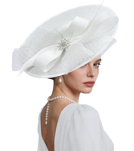 Kgromfy Women's Wide Brim Fascinator Hat Tea Party Headband Large Vintage Church Hat Lady Headwear for Derby Wedding Cocktail - color: White