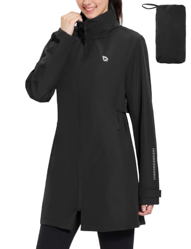 baleaf Women's Long Rain Coat Lightweight Packable Jacket with Hood - color: Black, size: Small