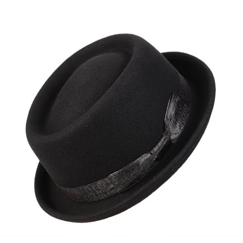 Wide Brim Pork Pie Hat 100% Wool Felt Hats Vintage Porkpie Derby Fedora - color: A Black, size: Medium
