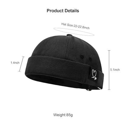 Mens Docker Cap Brimless Skullcap Sailor Cap Rolled Cuff Retro Beanie Hat - color: Double Heart Black