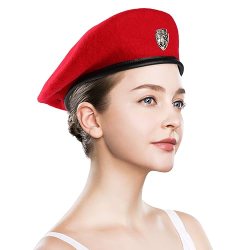 Wool Military Beret Hat Man Women,Adjustable Headband - color: Bright Red