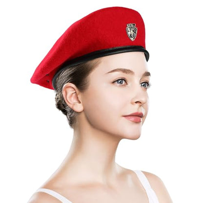 Wool Military Beret Hat Man Women,Adjustable Headband - color: Bright Red