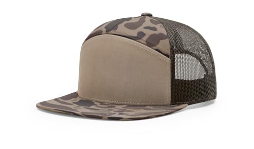 Richardson 168 168P Hat 7-Panel Trucker Cap Hi-Pro Snapback Cap Camo Hat Adjustable Baseball Hat Blank Hat Bulk Hats - color: Bark Duck Camo/Brown