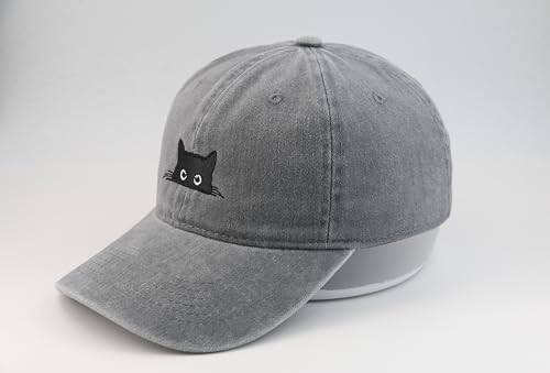 Peeking Black Cat Embroidered Washed Baseball Cap, Adjustable Vintage Dad Hat for Cat Lovers Unisex - color: Grey