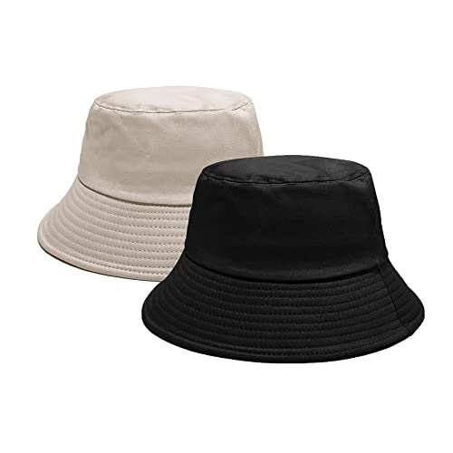 PFFY 2 Packs Bucket Hat for Women Men Cotton Hats Sun Beach Fishing Cap - color: Beige+black
