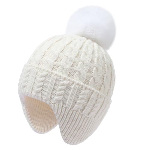 Toddler Baby Winter Hat with Earflap Kids Warm Twisted Knit Hat Infant Pom Pom Beanie Ski Cap for Baby Girls Boys - color: Beige, size: 6-24 Months