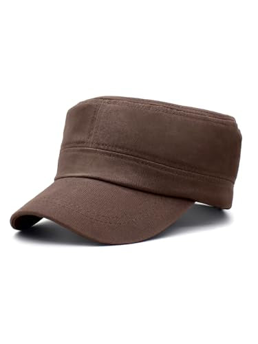 Washed Cotton Basic Cadet Army Cap Everyday Military Style Hat Vintage Flat Top Cap - color: Coffee