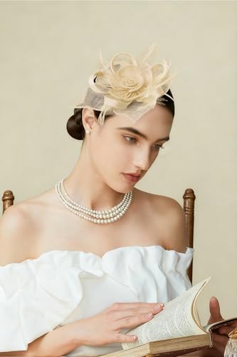 BABEYOND Fascinator Hats for Women Linen Flower Feather Tea Party Derby Hat - color: Beige