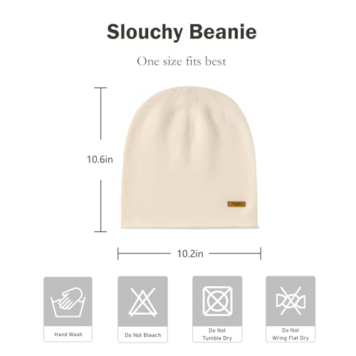 100% Merino Wool Slouchy Beanie Hat, Women Warm Winter Caps Soft, Ladies Breathable & Cozy Stretchy Knitted Skull Cap - color: Beige