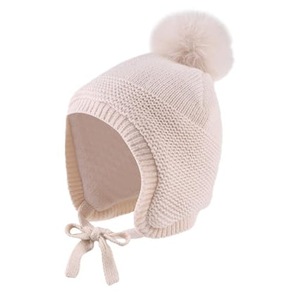 JANGANNSA Basic Winter Baby Boy Beanie Pompom Knit Girl Hat Kid Earflap Cap - color: Beige Hat, size: 2-5T