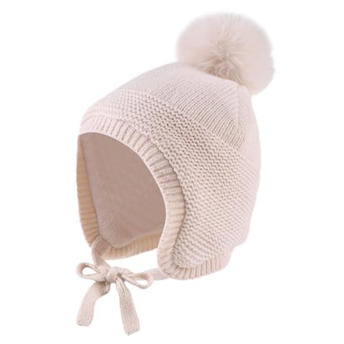 JANGANNSA Basic Winter Baby Boy Beanie Pompom Knit Girl Hat Kid Earflap Cap - color: Beige Hat, size: 2-5T
