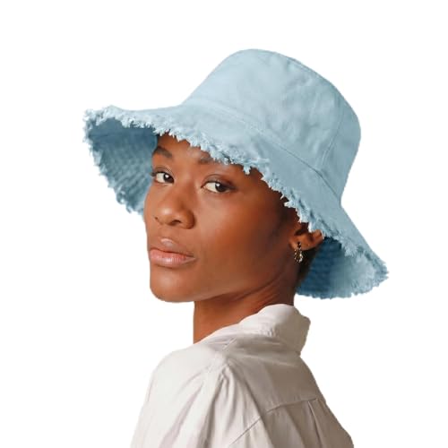CHOK.LIDS Frayed Bucket Hat Washed Cotton Floppy Wide Brim Boonie Cap - color: Slate Blue