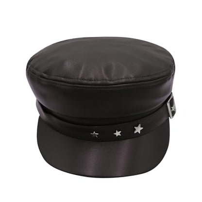 BOLLEY JOSS Womens Fashion Newsboy Cap Faux Leather Bakerboy Hat Stars Buckle Beret Paperboy Fiddler Captain Sailor Hats - color: Brown