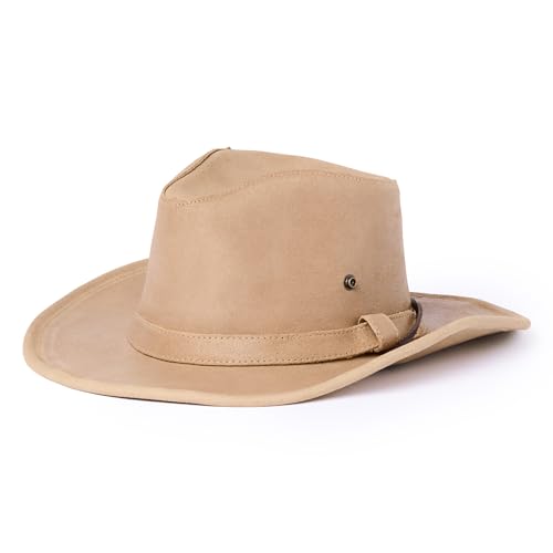 Minnetonka Unisex Aussie Leather Hat with Adjustable Chin Strap - color: Tan, size: Small