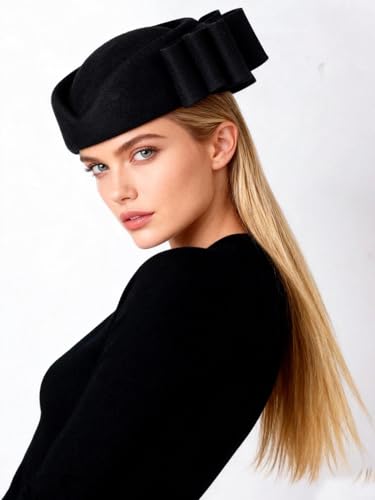 HIMESPORT Wool Felt Bowler Fascinators Hats for Women Ladies Female Elegant Wedding Tea Party Beret Hat with Bowknot - color: Black 1